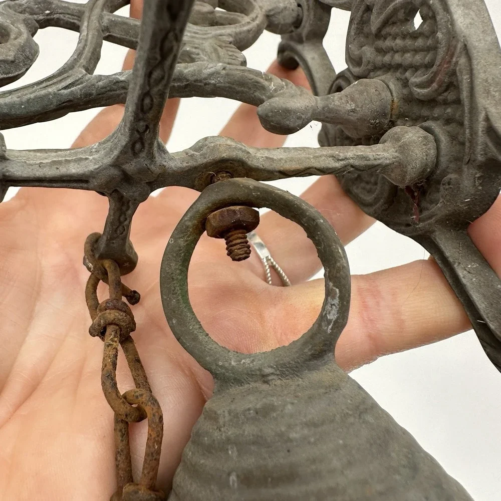 Vintage Brass Wall-Mounted Door Monastery Bell W/ Chain & Pull Handle Patina